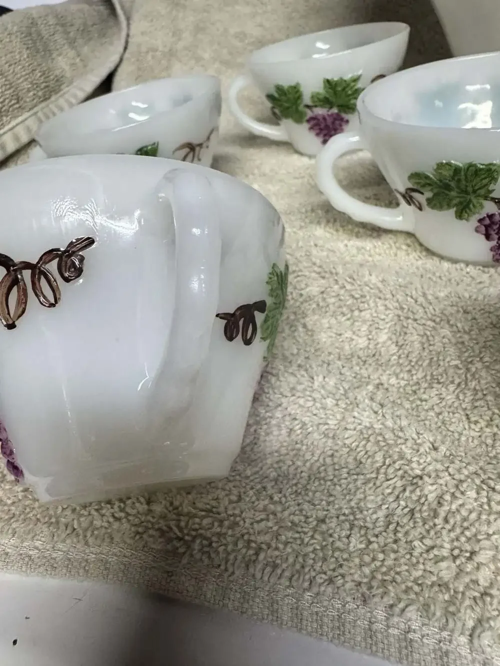 Vintage Anchor Hocking Milk Glass Grapevine Pattern Punch Bowl Set